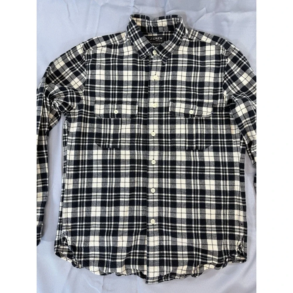 J Crew Shirt Mens Medium Blue White Plaid Flannel Workshirt‎ Button Up Cotton